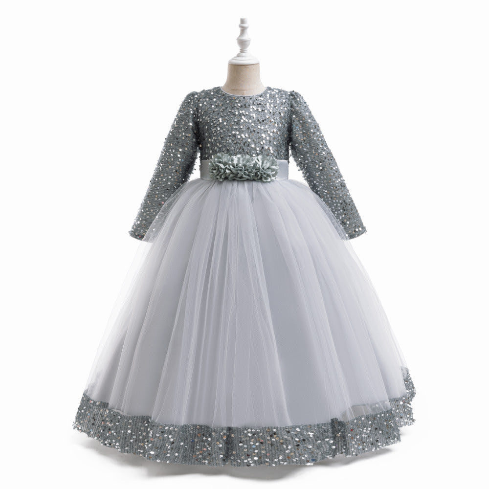 Girls Maxi Princess Dress with 3D Flowers & Sequins – Long Sleeve A-Line Gown