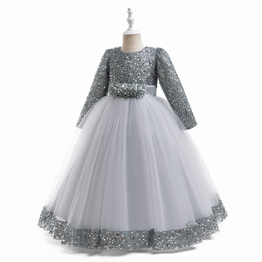 Girls Maxi Princess Dress with 3D Flowers & Sequins – Long Sleeve A-Line Gown