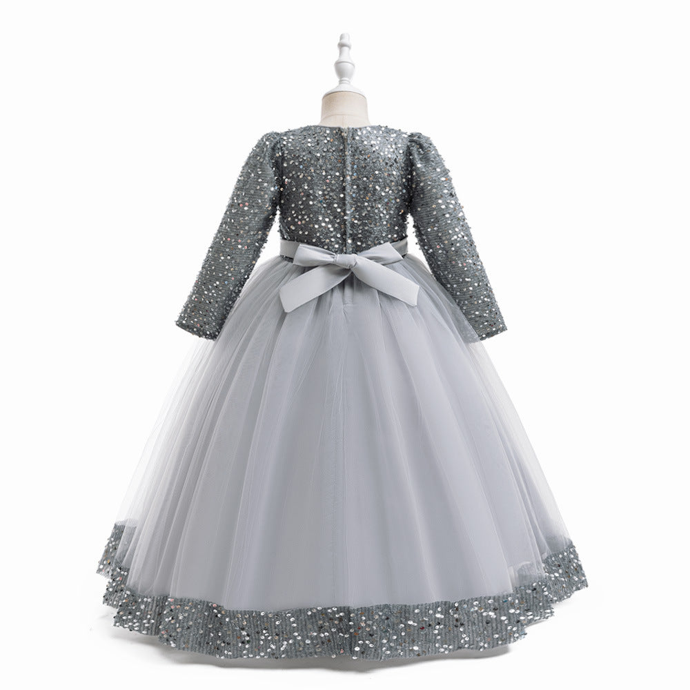 Girls Maxi Princess Dress with 3D Flowers & Sequins – Long Sleeve A-Line Gown