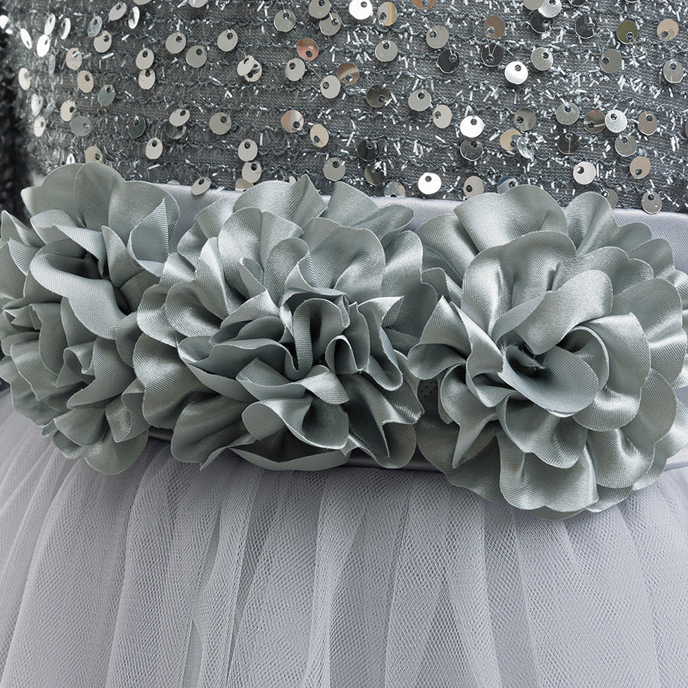Girls Maxi Princess Dress with 3D Flowers & Sequins – Long Sleeve A-Line Gown