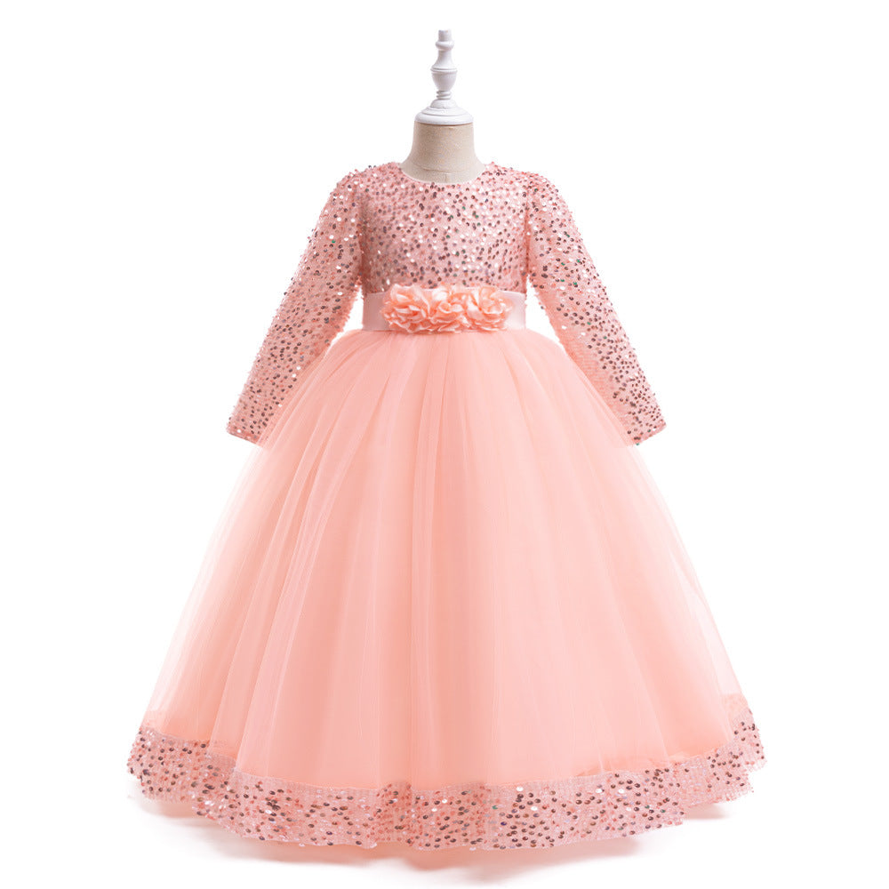 Girls Maxi Princess Dress with 3D Flowers & Sequins – Long Sleeve A-Line Gown