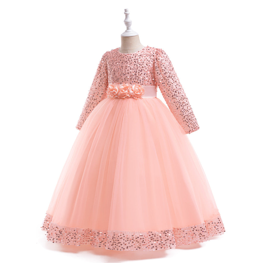 Girls Maxi Princess Dress with 3D Flowers & Sequins – Long Sleeve A-Line Gown