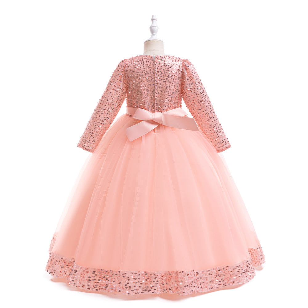 Girls Maxi Princess Dress with 3D Flowers & Sequins – Long Sleeve A-Line Gown