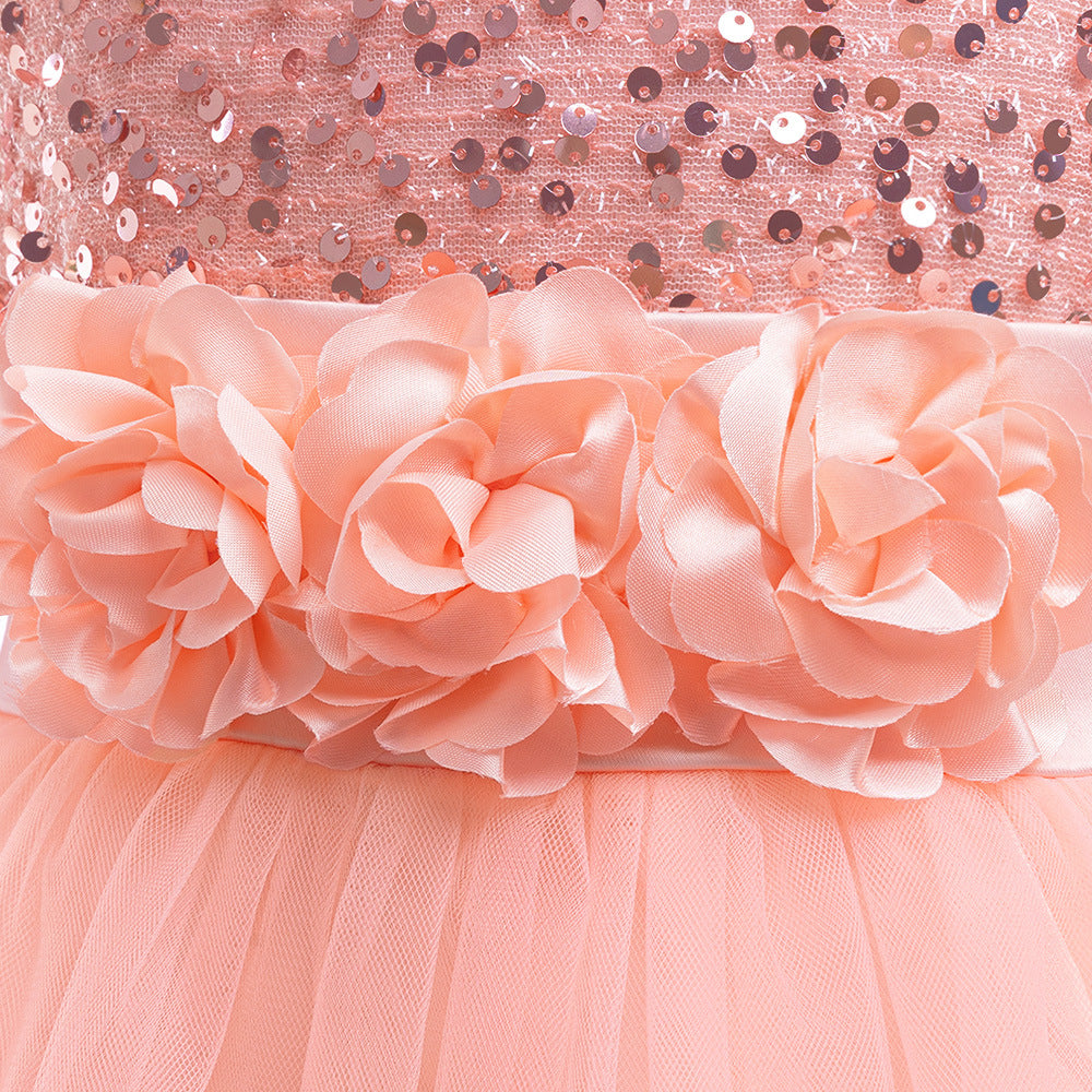 Girls Maxi Princess Dress with 3D Flowers & Sequins – Long Sleeve A-Line Gown
