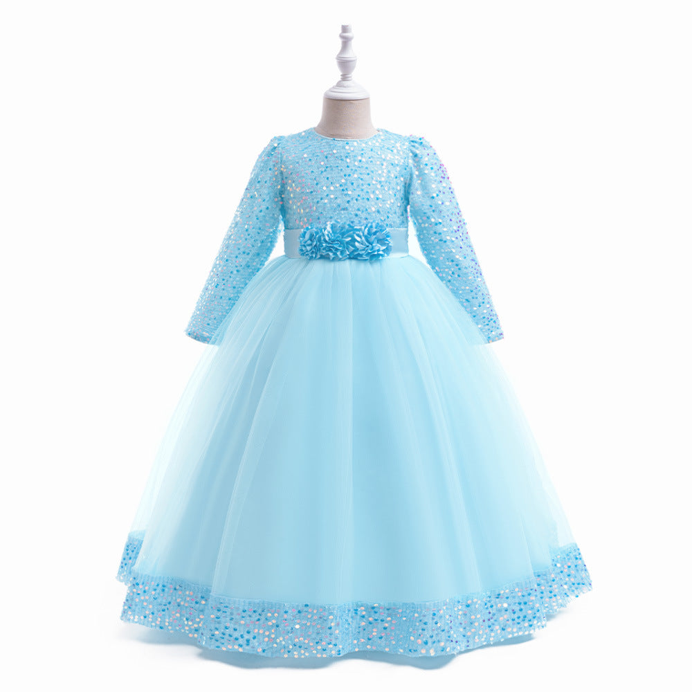 Girls Maxi Princess Dress with 3D Flowers & Sequins – Long Sleeve A-Line Gown