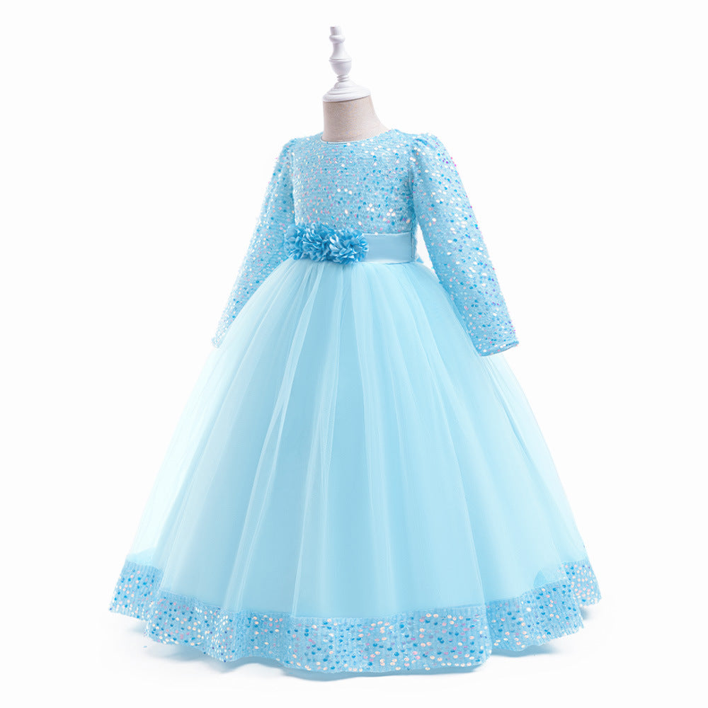 Girls Maxi Princess Dress with 3D Flowers & Sequins – Long Sleeve A-Line Gown