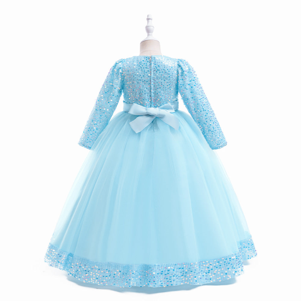Girls Maxi Princess Dress with 3D Flowers & Sequins – Long Sleeve A-Line Gown