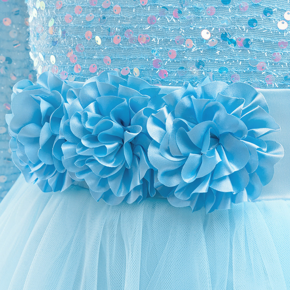 Girls Maxi Princess Dress with 3D Flowers & Sequins – Long Sleeve A-Line Gown