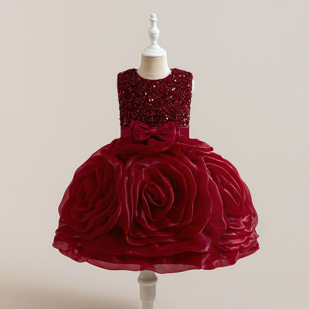3D Floral Puffy Princess Dress – Cute Ball Gown for Girls Aged 3-8