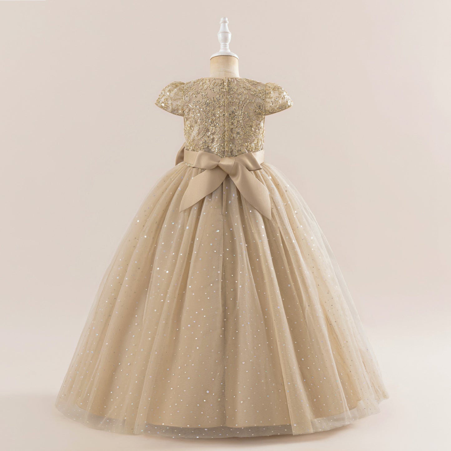 Girls Glitter Tulle Maxi Dress - Sequin Flower Girl Party Gown with Bow
