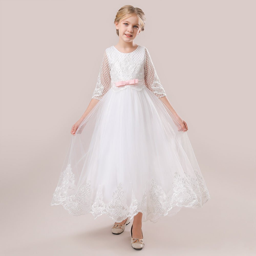 White A-Line Maxi Girl's Princess Dress with Lace & Sequins | Party, Wedding, Formal
