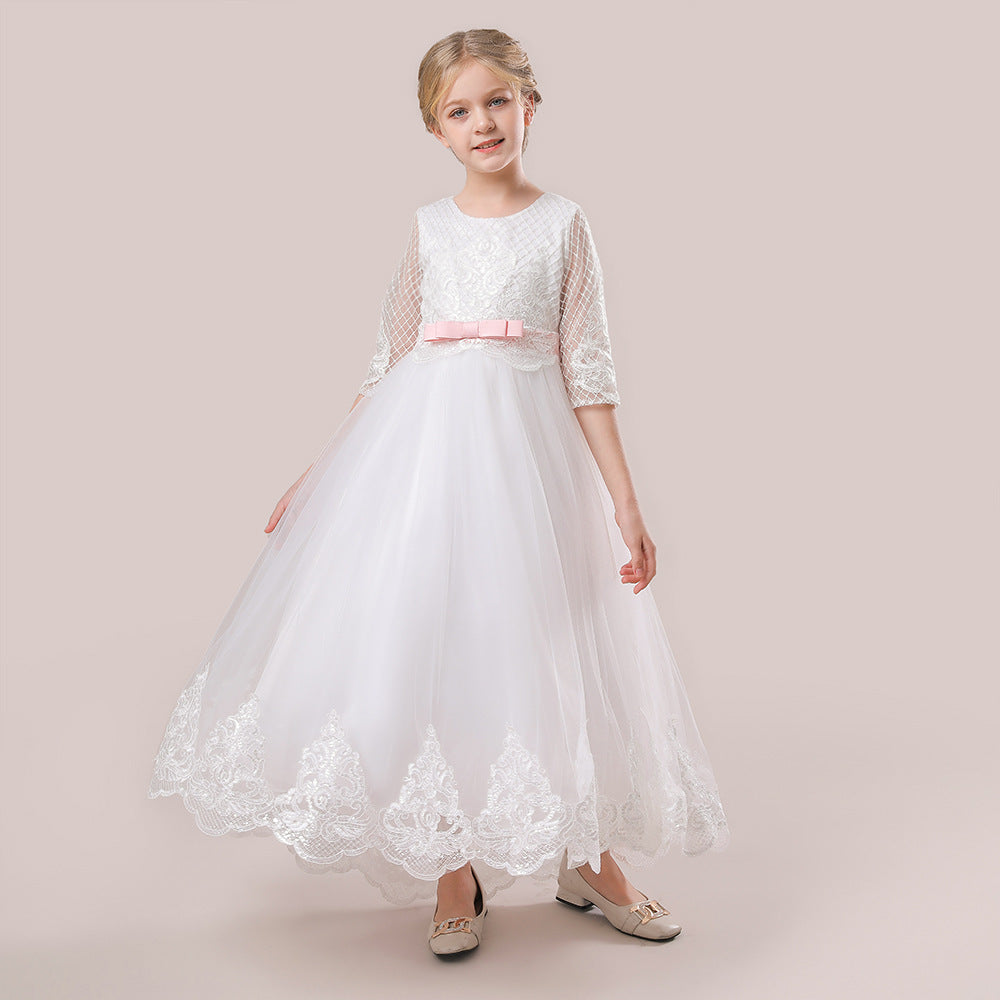 White A-Line Maxi Girl's Princess Dress with Lace & Sequins | Party, Wedding, Formal
