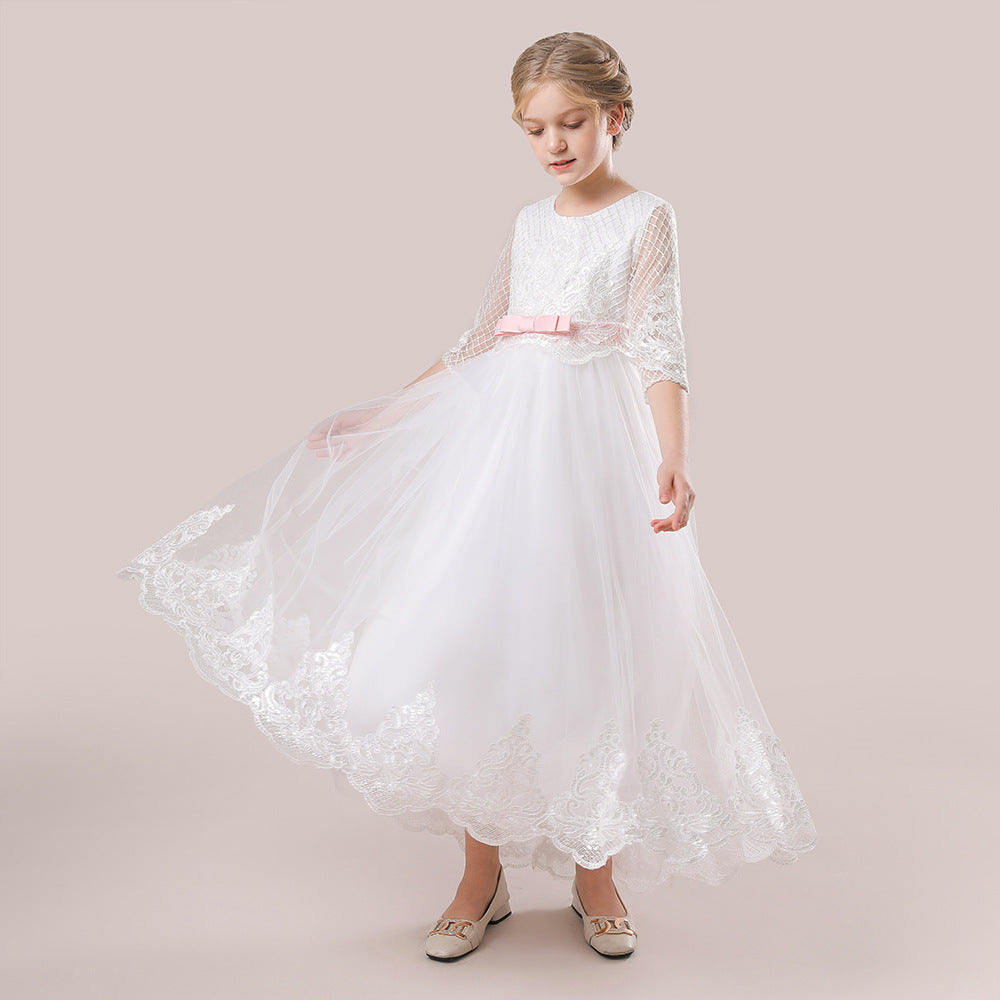White A-Line Maxi Girl's Princess Dress with Lace & Sequins | Party, Wedding, Formal