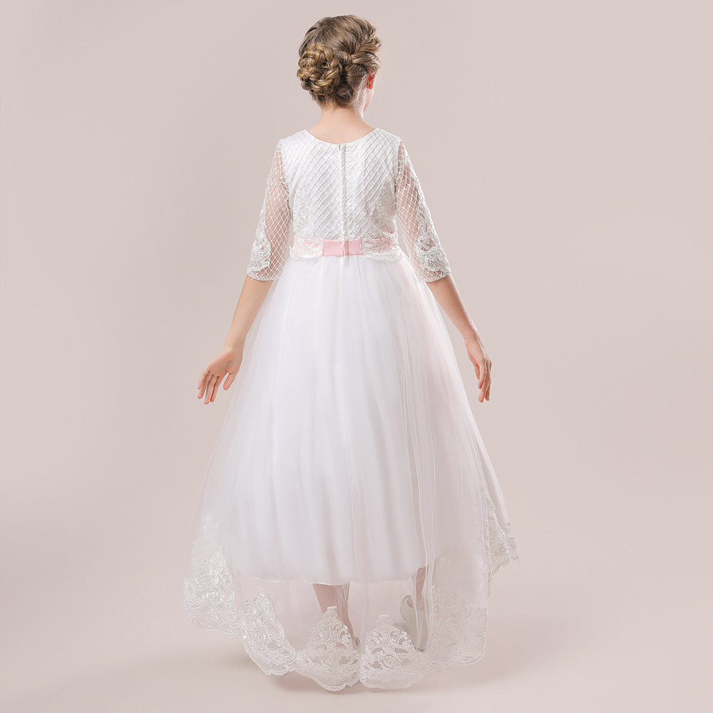 White A-Line Maxi Girl's Princess Dress with Lace & Sequins | Party, Wedding, Formal