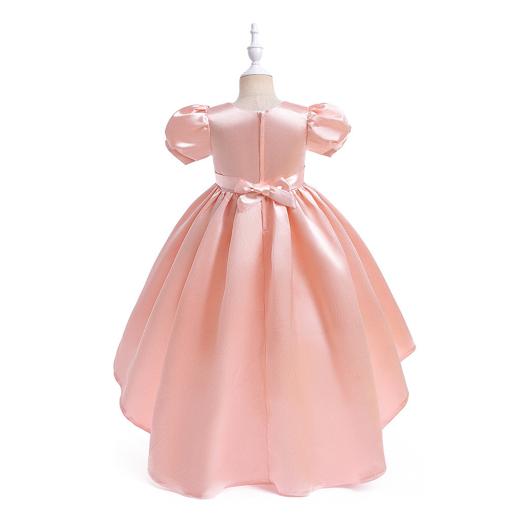 A-line Satin Princess Dress with Puff Sleeves for Girls | V-Neck High-Low Flower Girl Gown