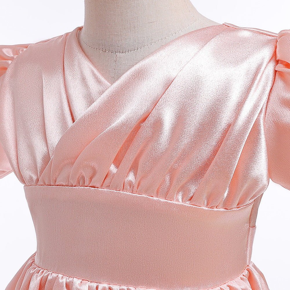 A-line Satin Princess Dress with Puff Sleeves for Girls | V-Neck High-Low Flower Girl Gown