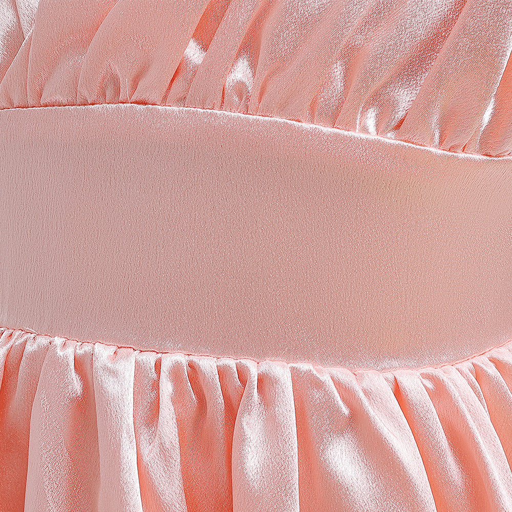 A-line Satin Princess Dress with Puff Sleeves for Girls | V-Neck High-Low Flower Girl Gown