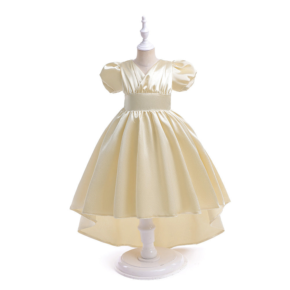 A-line Satin Princess Dress with Puff Sleeves for Girls | V-Neck High-Low Flower Girl Gown