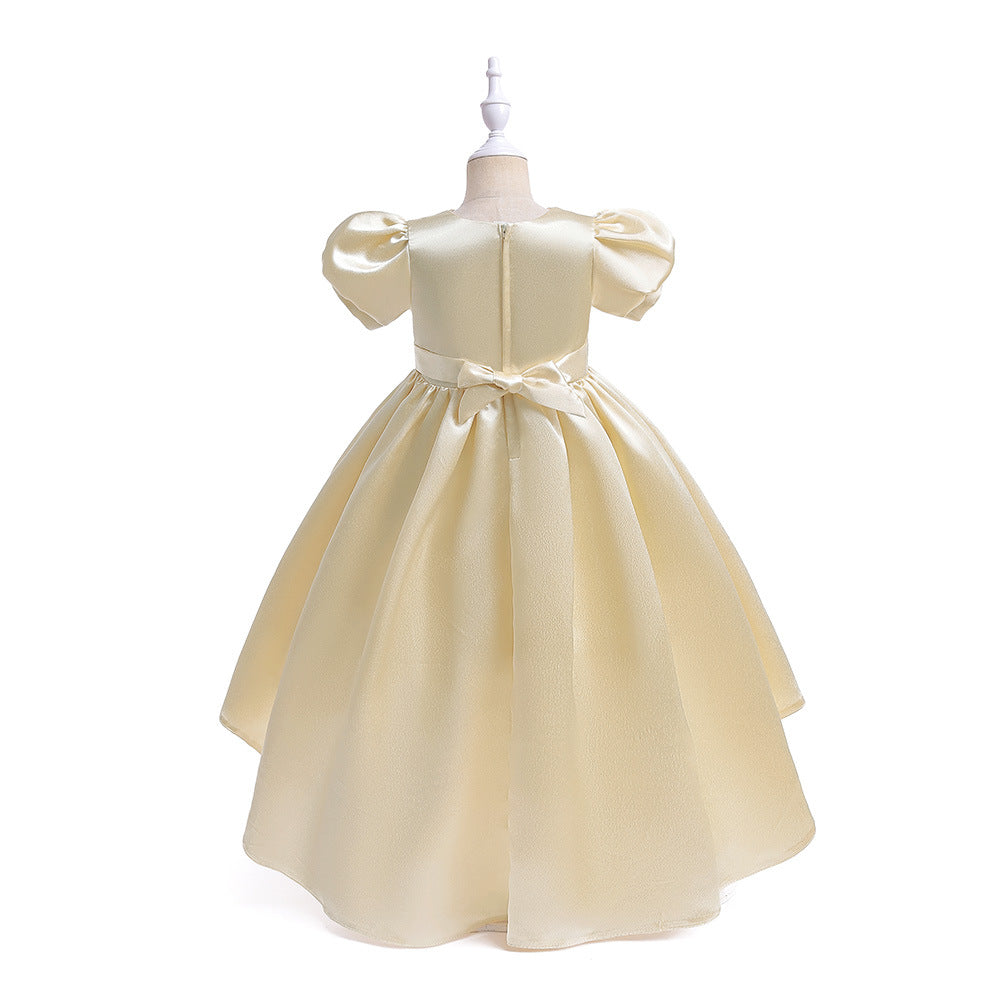A-line Satin Princess Dress with Puff Sleeves for Girls | V-Neck High-Low Flower Girl Gown