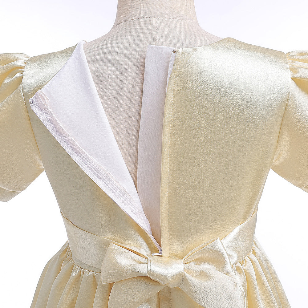 A-line Satin Princess Dress with Puff Sleeves for Girls | V-Neck High-Low Flower Girl Gown
