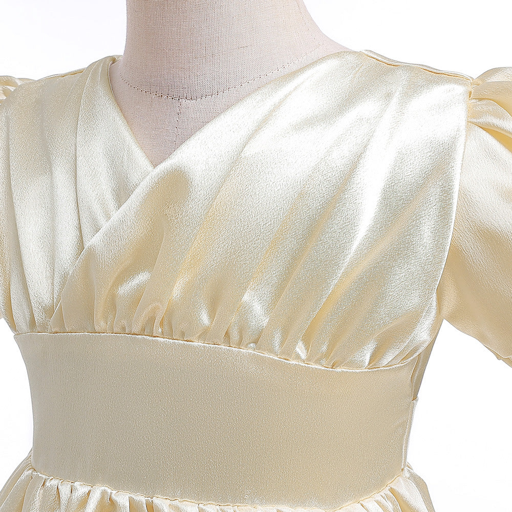 A-line Satin Princess Dress with Puff Sleeves for Girls | V-Neck High-Low Flower Girl Gown
