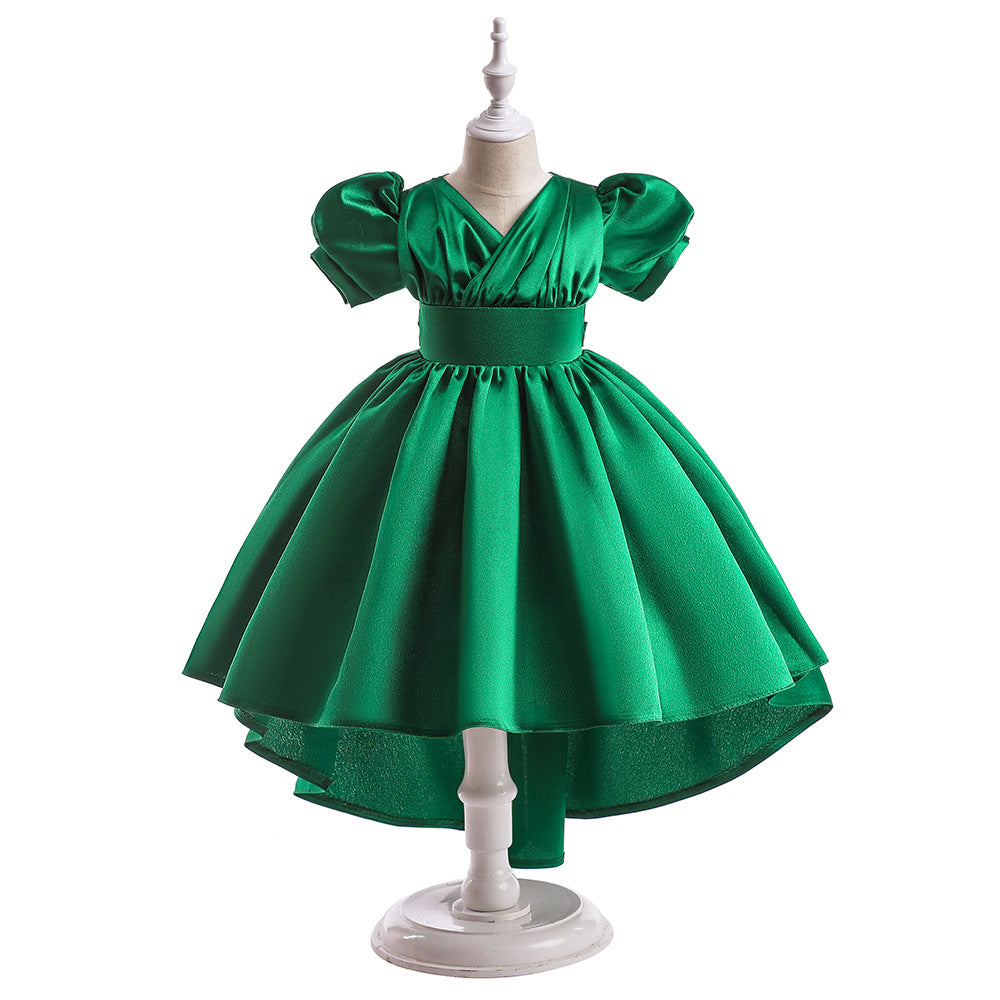 A-line Satin Princess Dress with Puff Sleeves for Girls | V-Neck High-Low Flower Girl Gown