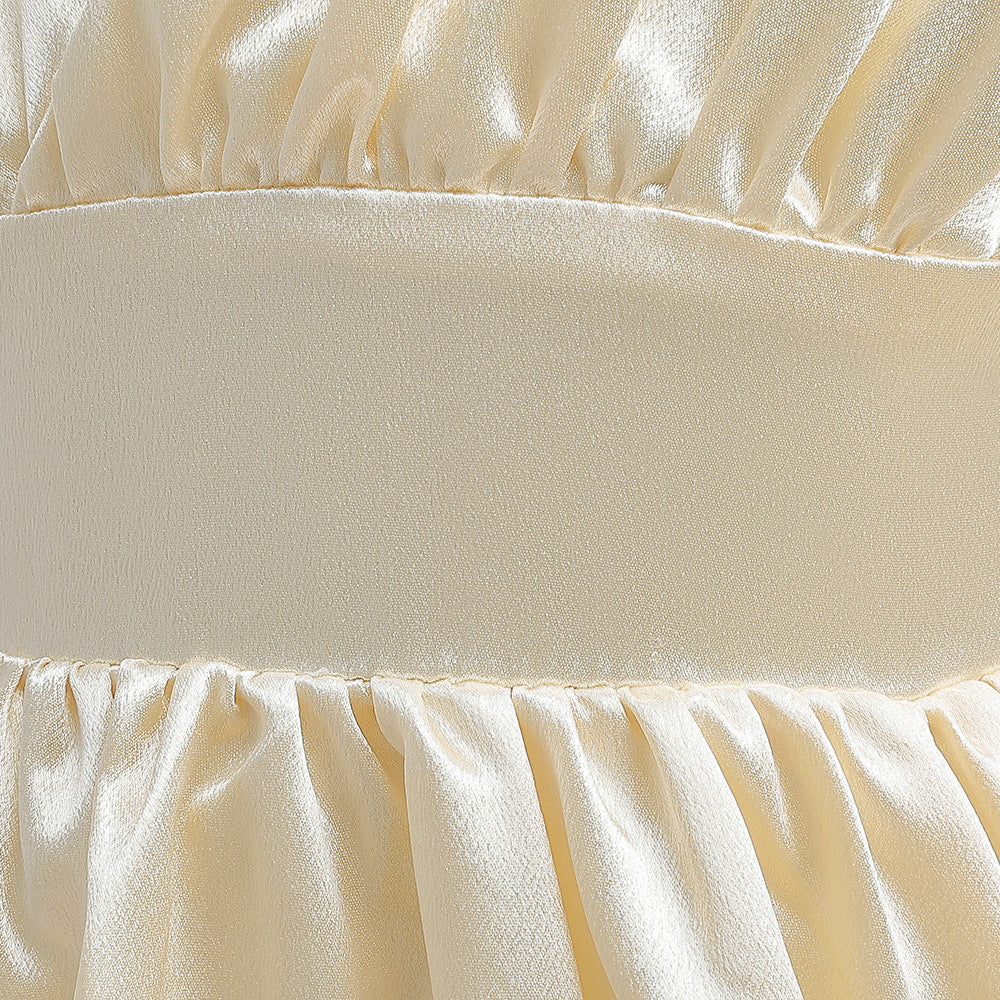 A-line Satin Princess Dress with Puff Sleeves for Girls | V-Neck High-Low Flower Girl Gown