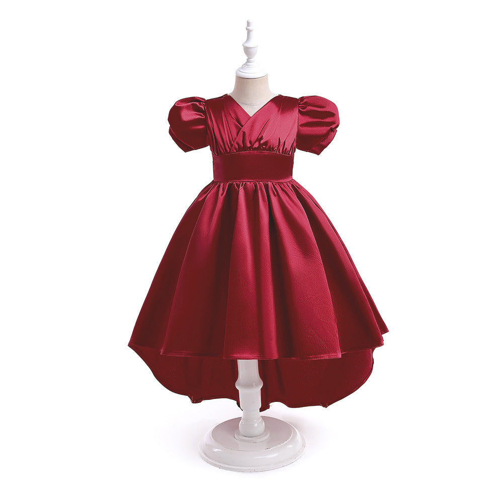 A-line Satin Princess Dress with Puff Sleeves for Girls | V-Neck High-Low Flower Girl Gown