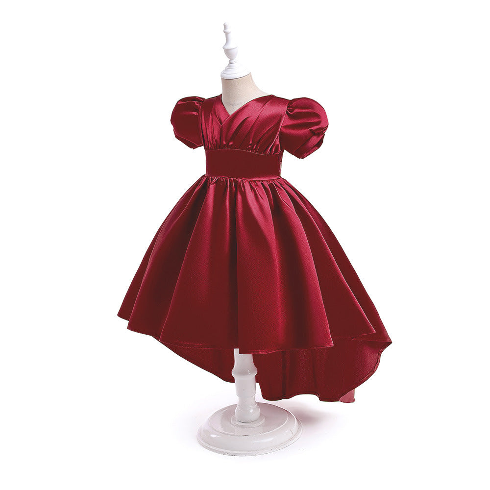 A-line Satin Princess Dress with Puff Sleeves for Girls | V-Neck High-Low Flower Girl Gown