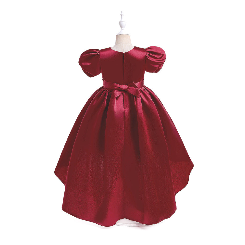 A-line Satin Princess Dress with Puff Sleeves for Girls | V-Neck High-Low Flower Girl Gown