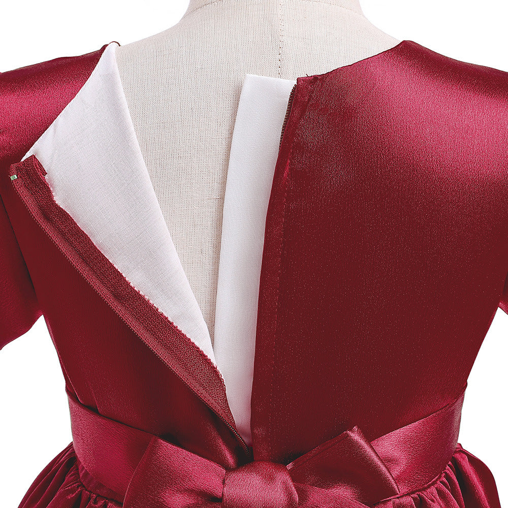 A-line Satin Princess Dress with Puff Sleeves for Girls | V-Neck High-Low Flower Girl Gown