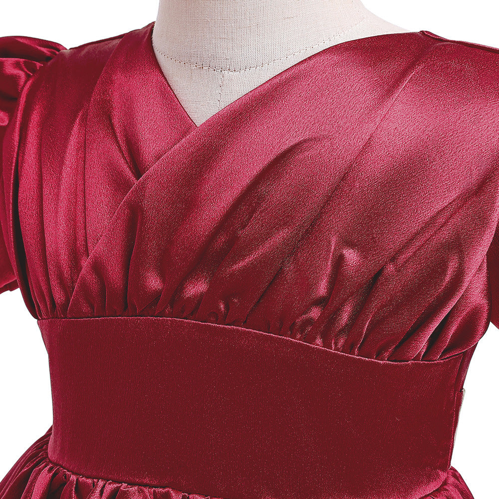 A-line Satin Princess Dress with Puff Sleeves for Girls | V-Neck High-Low Flower Girl Gown