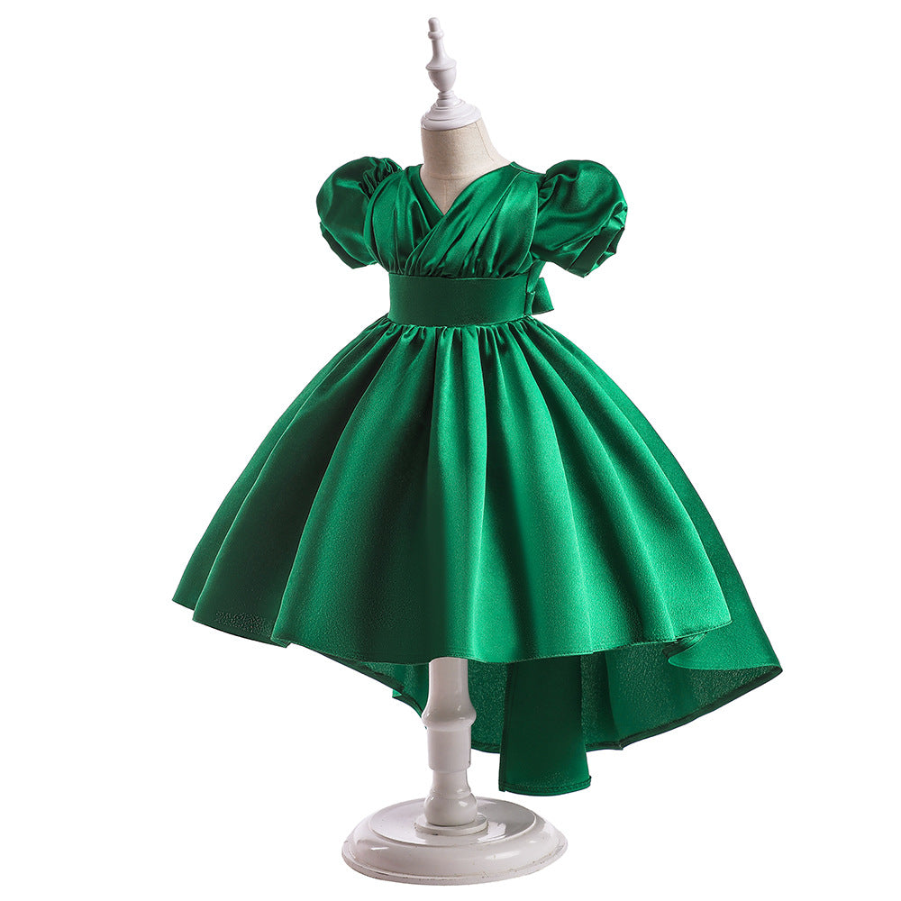A-line Satin Princess Dress with Puff Sleeves for Girls | V-Neck High-Low Flower Girl Gown