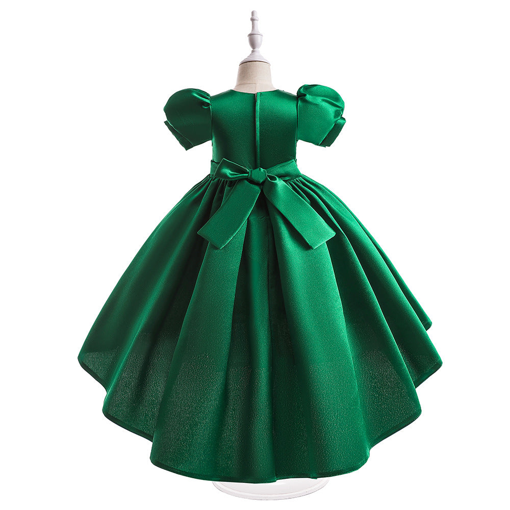 A-line Satin Princess Dress with Puff Sleeves for Girls | V-Neck High-Low Flower Girl Gown
