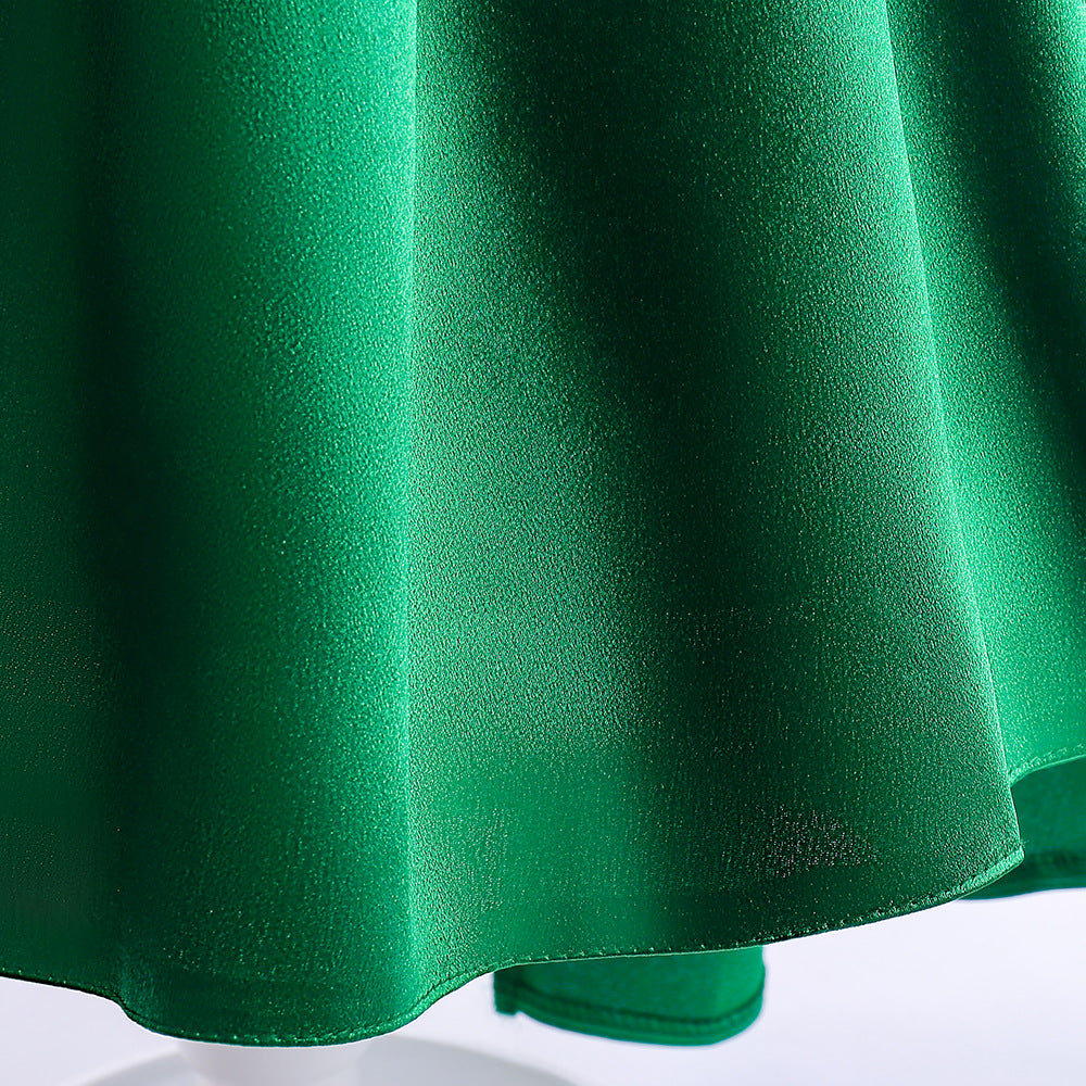 A-line Satin Princess Dress with Puff Sleeves for Girls | V-Neck High-Low Flower Girl Gown