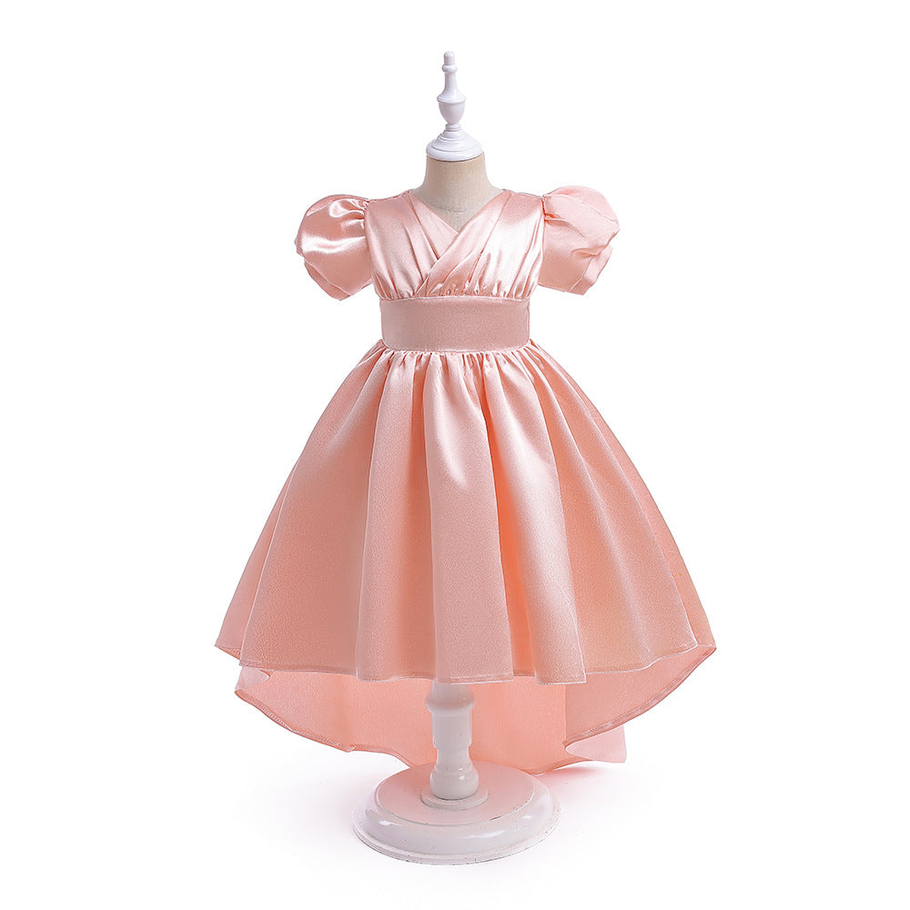 A-line Satin Princess Dress with Puff Sleeves for Girls | V-Neck High-Low Flower Girl Gown