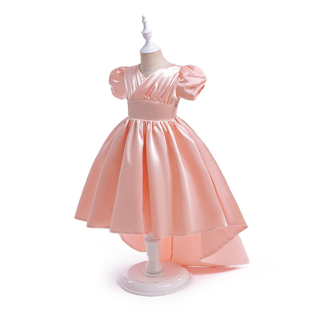 A-line Satin Princess Dress with Puff Sleeves for Girls | V-Neck High-Low Flower Girl Gown