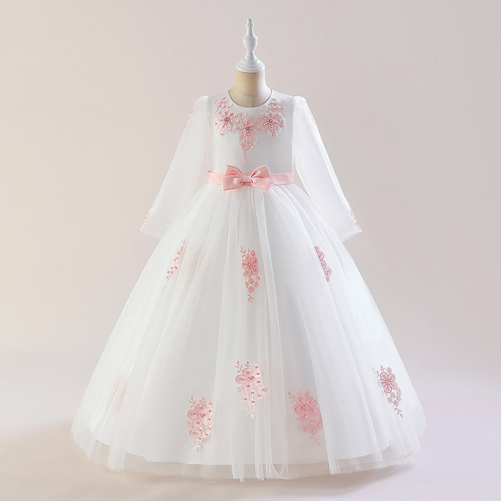 Cute White A-Line Tulle Maxi Dress for Girls with Bow & Sequins - Perfect Party & Flower Girl Gown