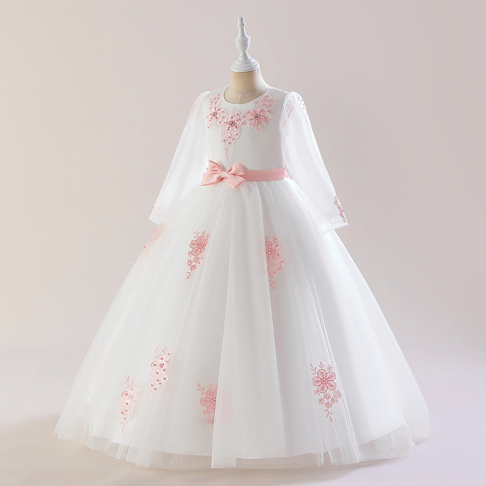 Cute White A-Line Tulle Maxi Dress for Girls with Bow & Sequins - Perfect Party & Flower Girl Gown