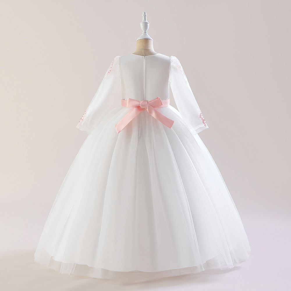 Cute White A-Line Tulle Maxi Dress for Girls with Bow & Sequins - Perfect Party & Flower Girl Gown