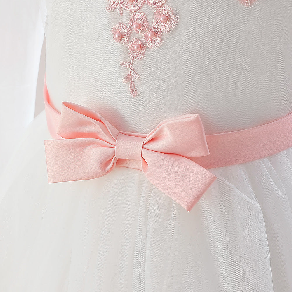 Cute White A-Line Tulle Maxi Dress for Girls with Bow & Sequins - Perfect Party & Flower Girl Gown