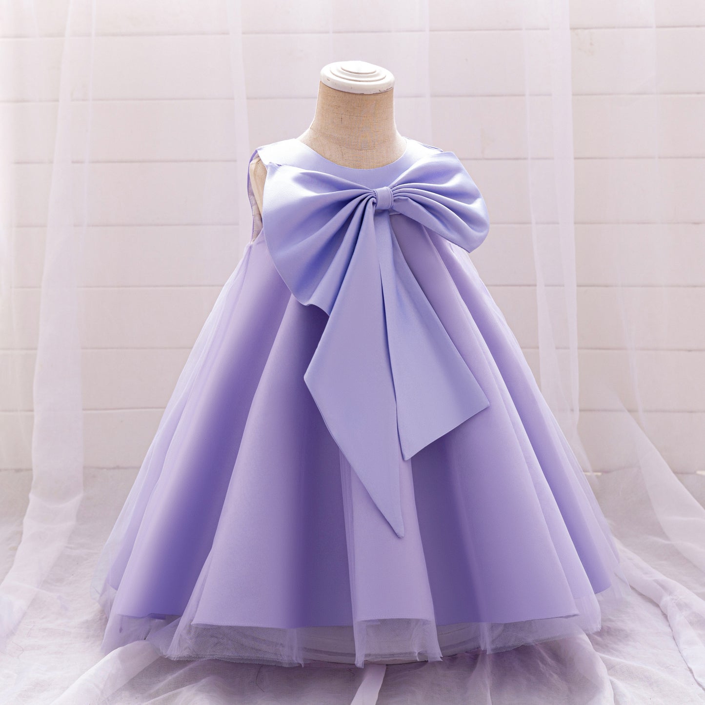 Red Bowknot A-Line Mesh & Satin Toddler Dress – Party & Birthday Outfit for Girls