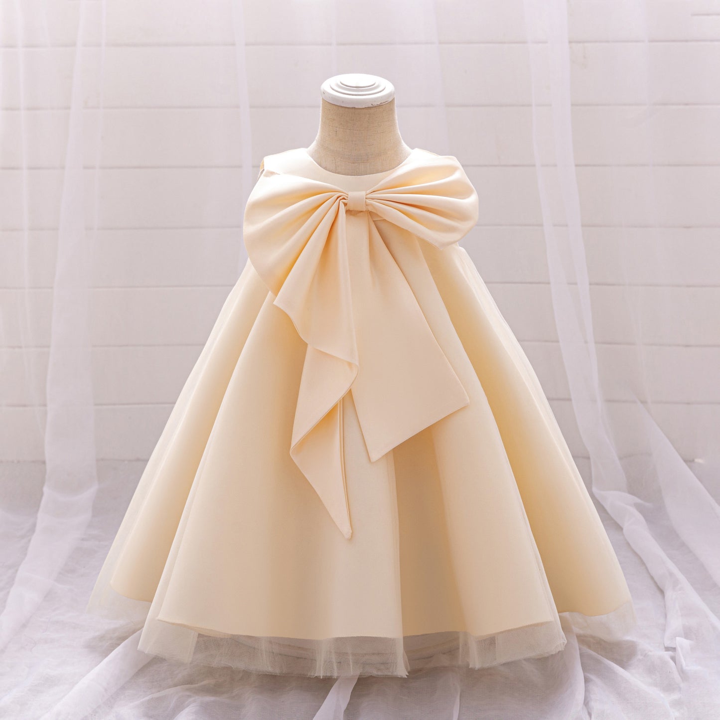 Red Bowknot A-Line Mesh & Satin Toddler Dress – Party & Birthday Outfit for Girls