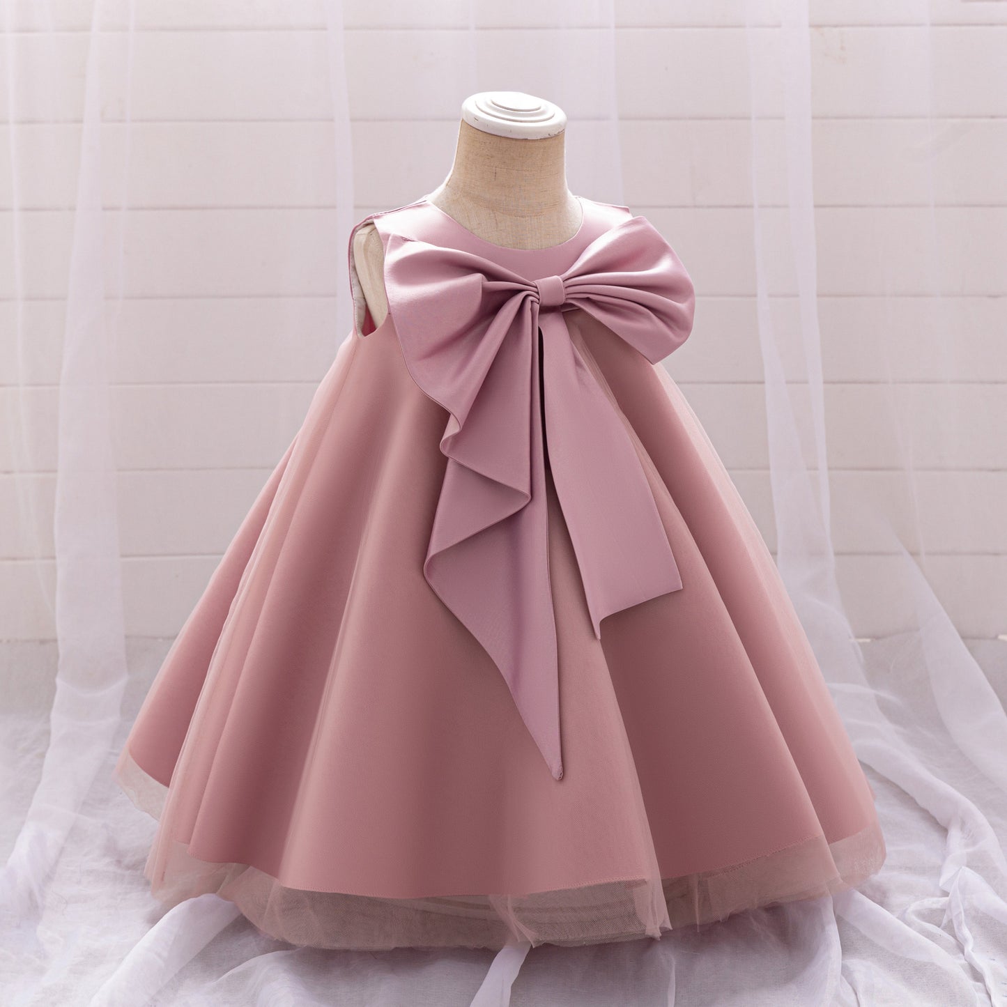 Red Bowknot A-Line Mesh & Satin Toddler Dress – Party & Birthday Outfit for Girls
