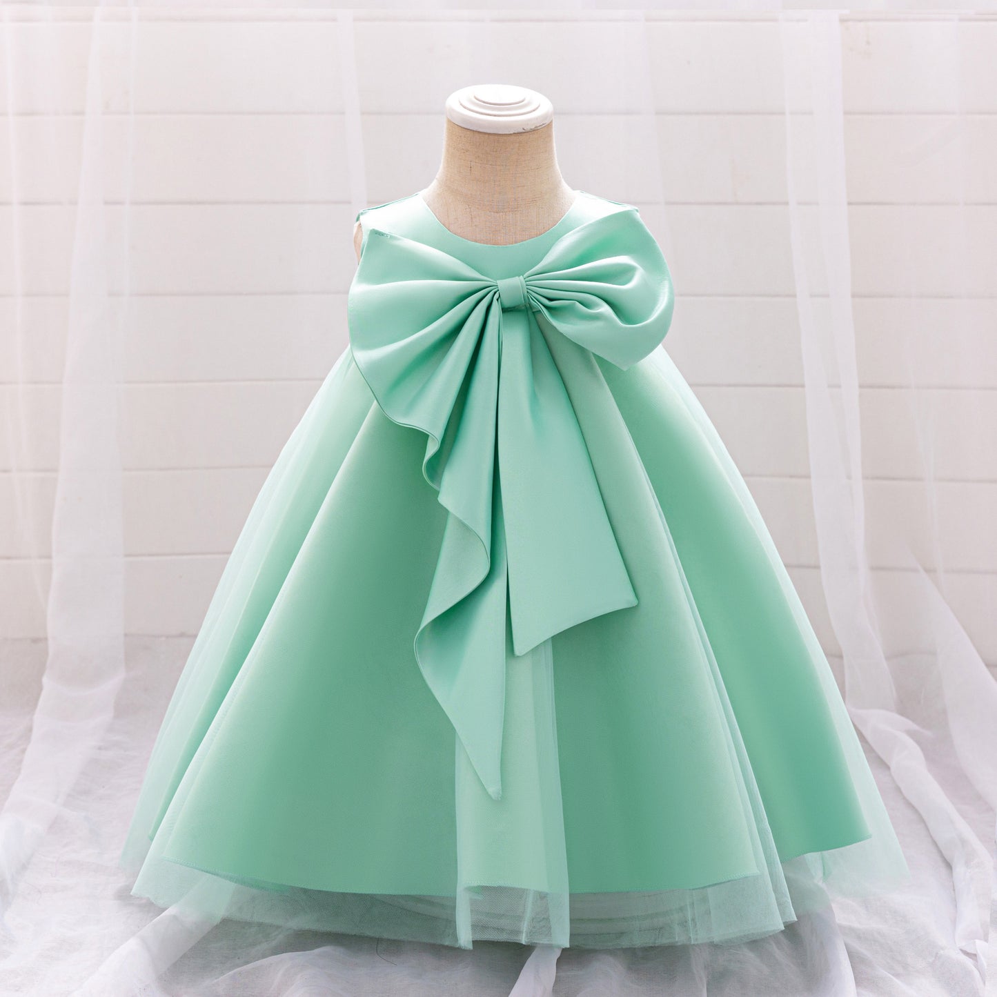 Red Bowknot A-Line Mesh & Satin Toddler Dress – Party & Birthday Outfit for Girls