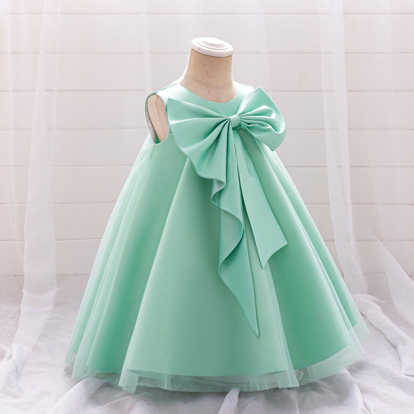 Red Bowknot A-Line Mesh & Satin Toddler Dress – Party & Birthday Outfit for Girls
