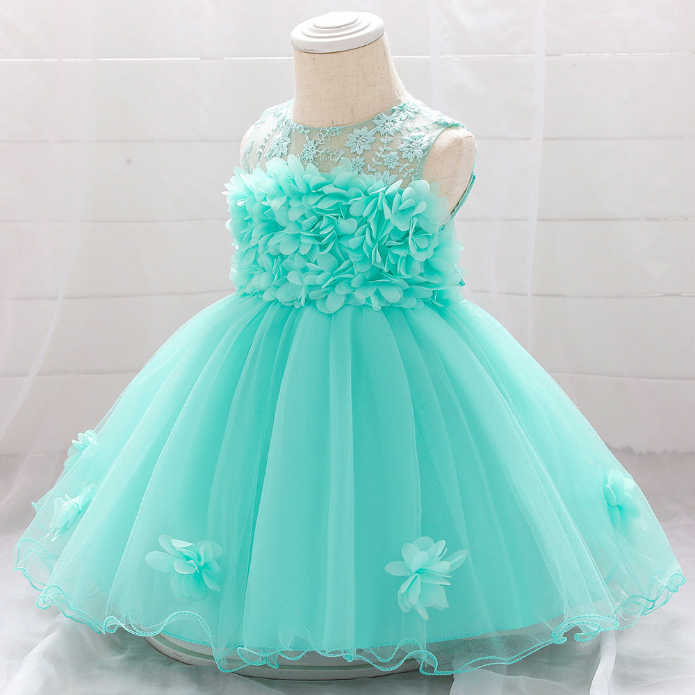 A-line Off Shoulder Tulle Baby Girl Dress | Cute Floral Applique Princess Gown