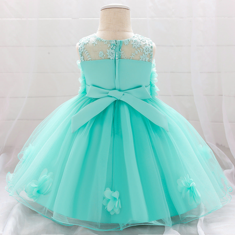 A-line Off Shoulder Tulle Baby Girl Dress | Cute Floral Applique Princess Gown