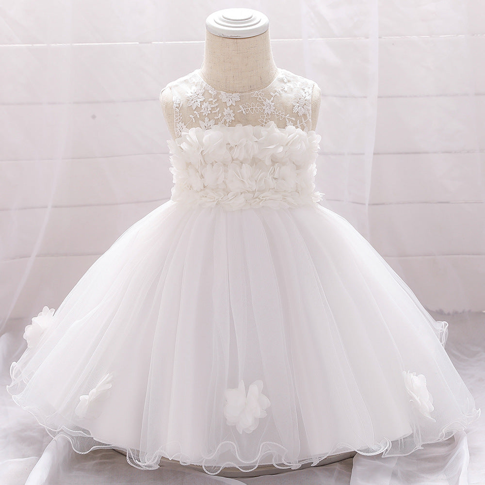 A-line Off Shoulder Tulle Baby Girl Dress | Cute Floral Applique Princess Gown