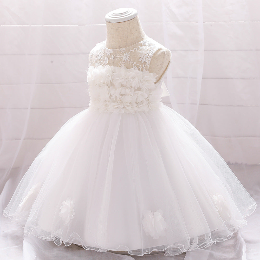 A-line Off Shoulder Tulle Baby Girl Dress | Cute Floral Applique Princess Gown